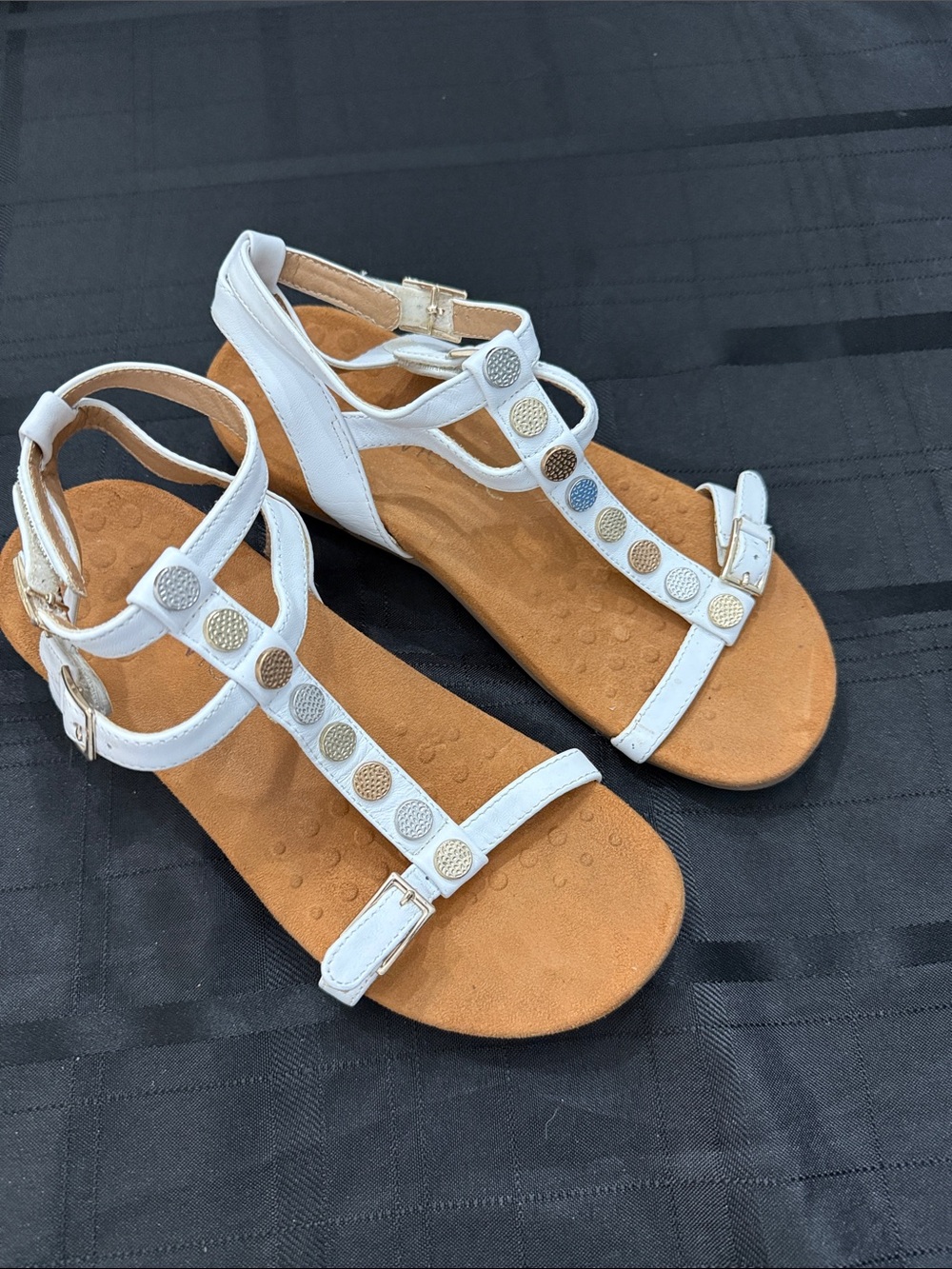 Vionic White T-Strap Sandals with Metallic Stud Accents